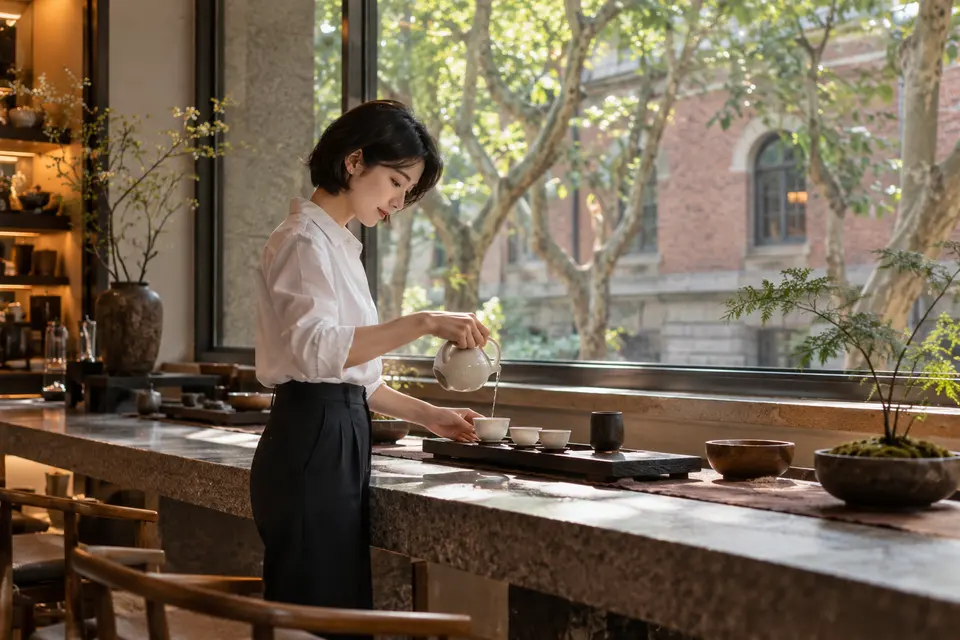 都市梧桐街区的茶室内，白瓷茶具与倒茶场景